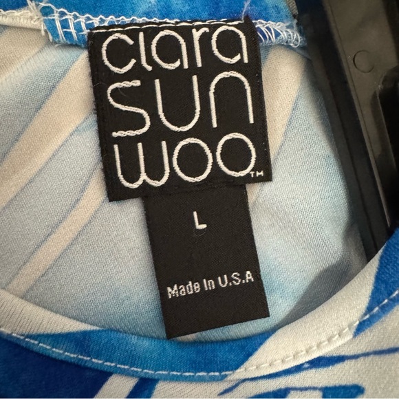 Clara Sun Woo Asymmetrical Tropical Palm Leaf Tunic Top Blouse L Blue White - Picture 6 of 7